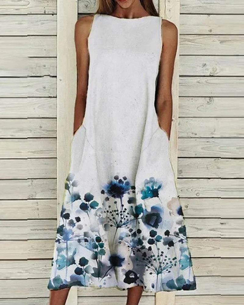 Freya - Women's Sleeveless Round Neck Floral Midi Dress