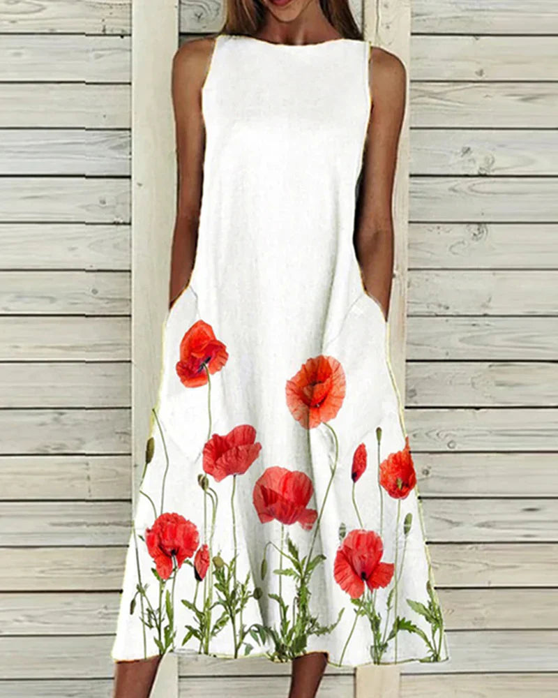 Freya - Women's Sleeveless Round Neck Floral Midi Dress