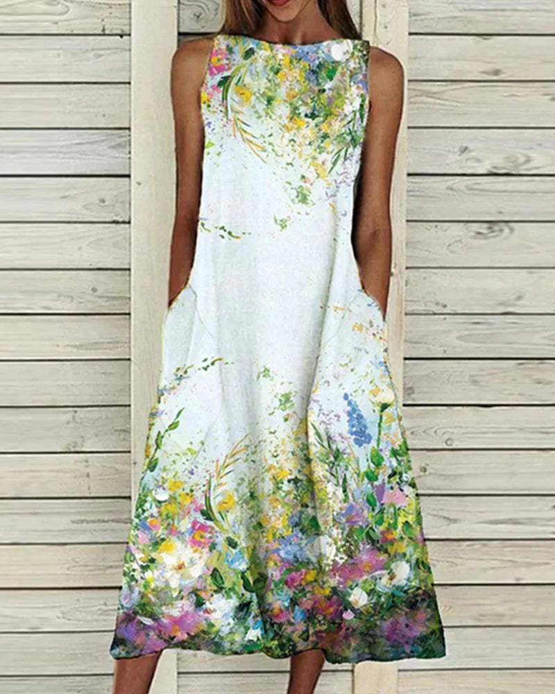 Freya - Women's Sleeveless Round Neck Floral Midi Dress