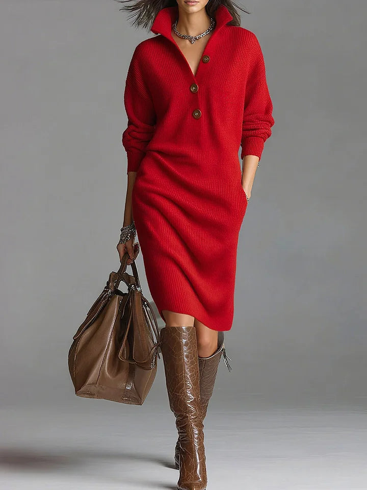Leah - Women's Midi Dress with Button Placket and Rib Structure