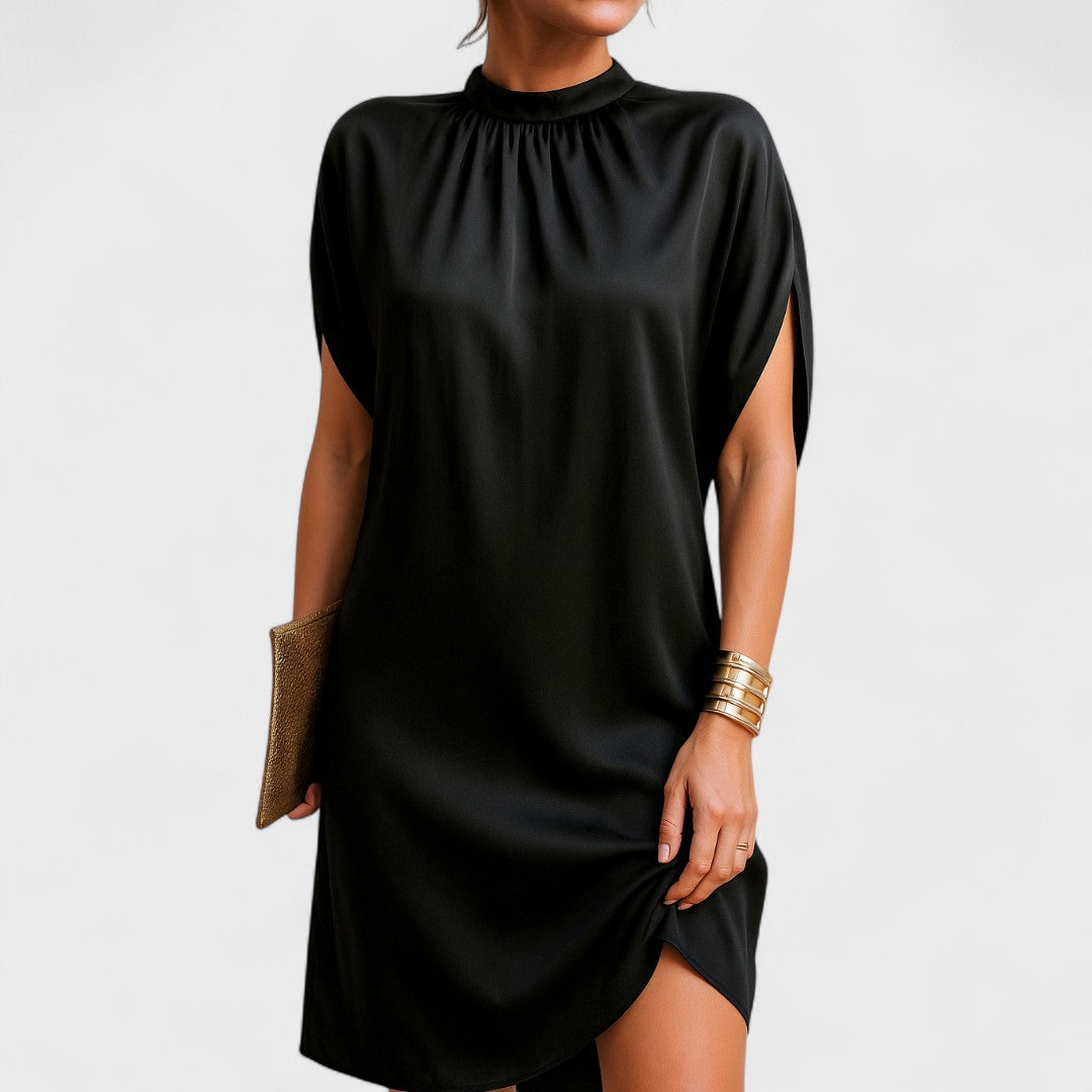 Tracey - Women's Relaxed Mini Dress with High Collar