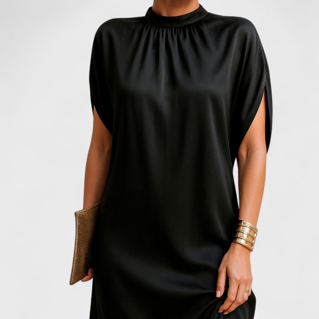 Tracey - Women's Relaxed Mini Dress with High Collar