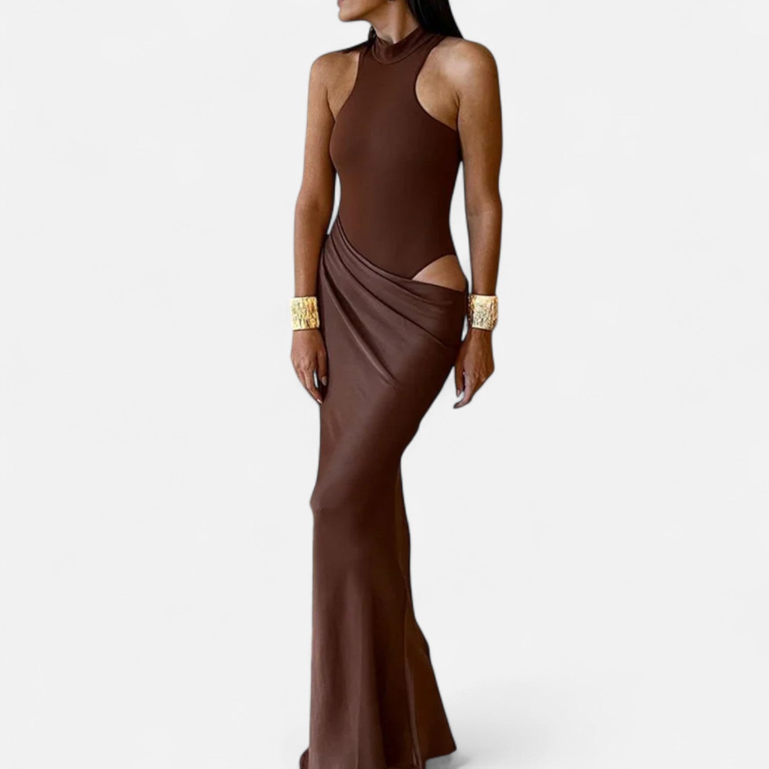 Nicola - Women's Maxi Dress with Cut-Out and Halterneck