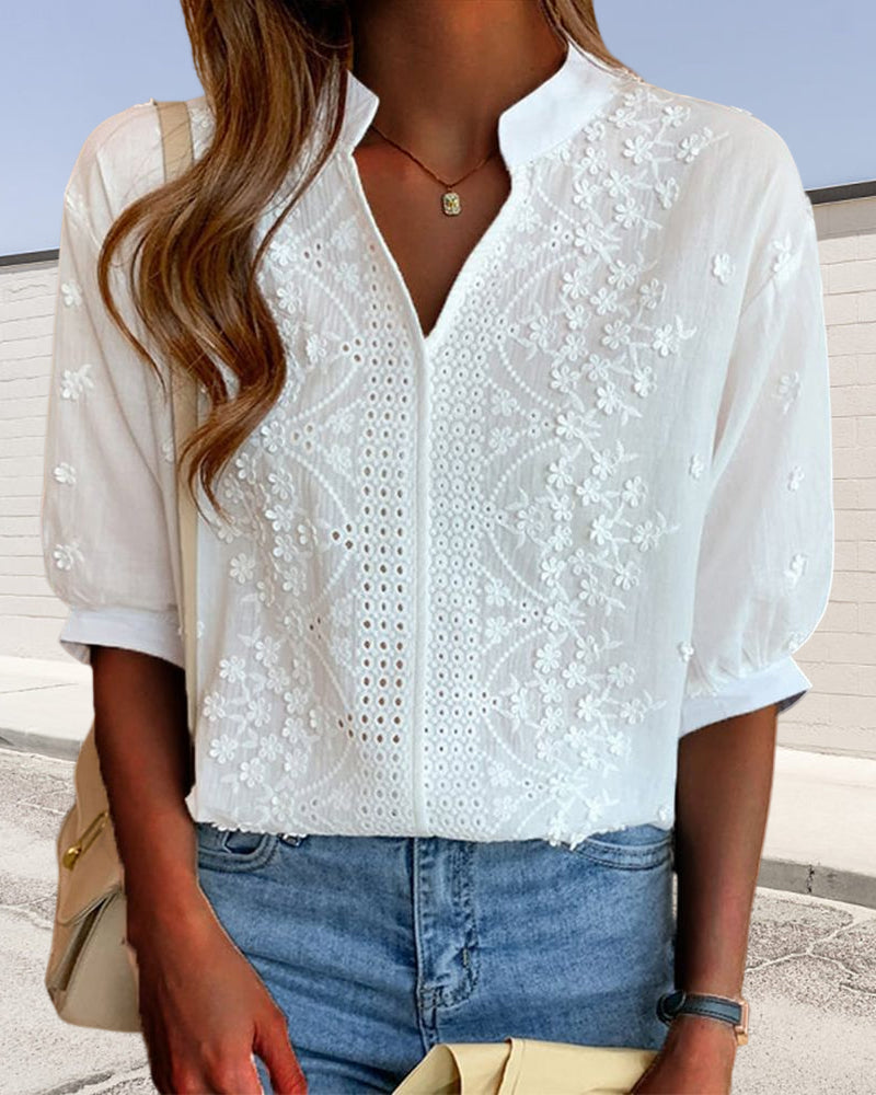 Yvonne - Women's V-Neck Puff Sleeve Blouse
