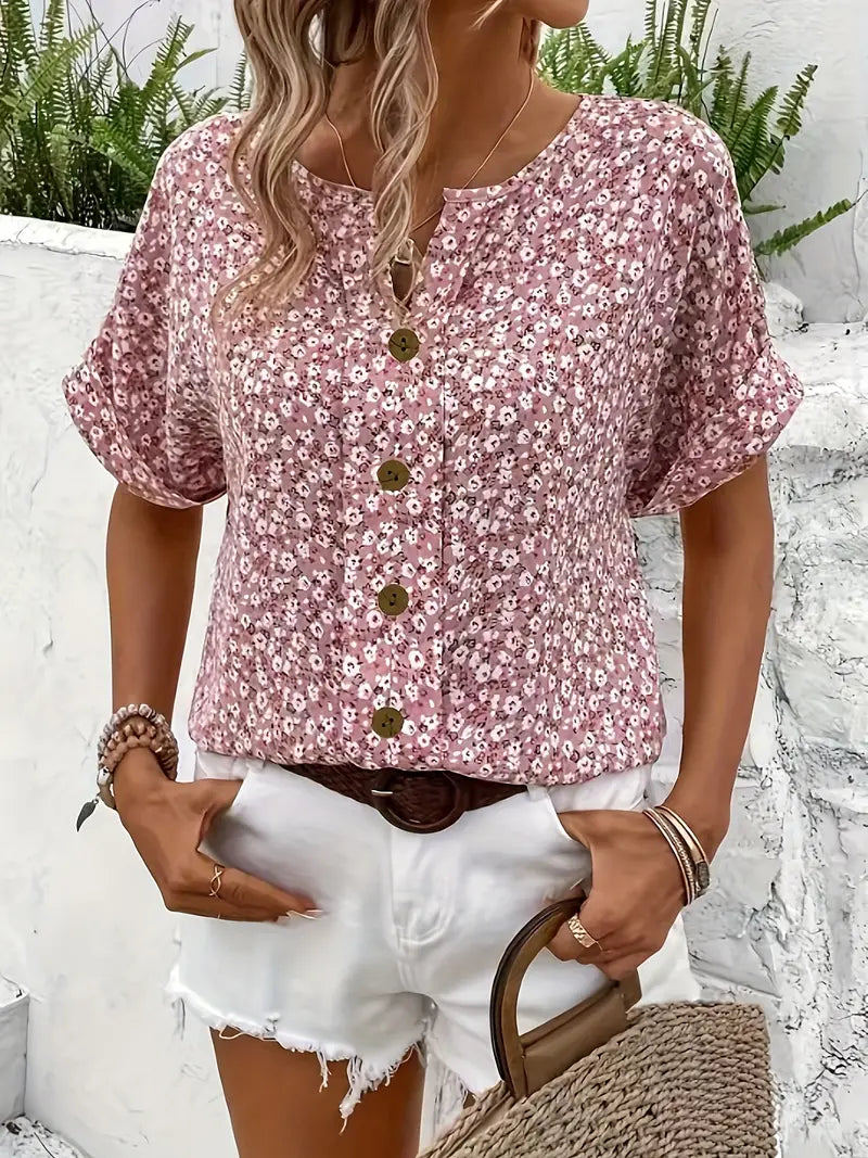 Pamela - Casual Florale Sommerbluse with Button Placket