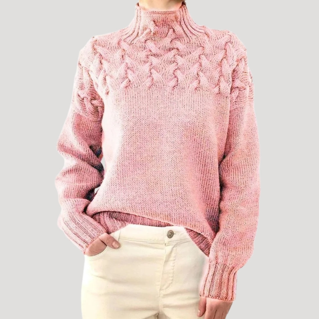 Michelle - Women's Spring Knit Sweater with Cable Knit and high Collar