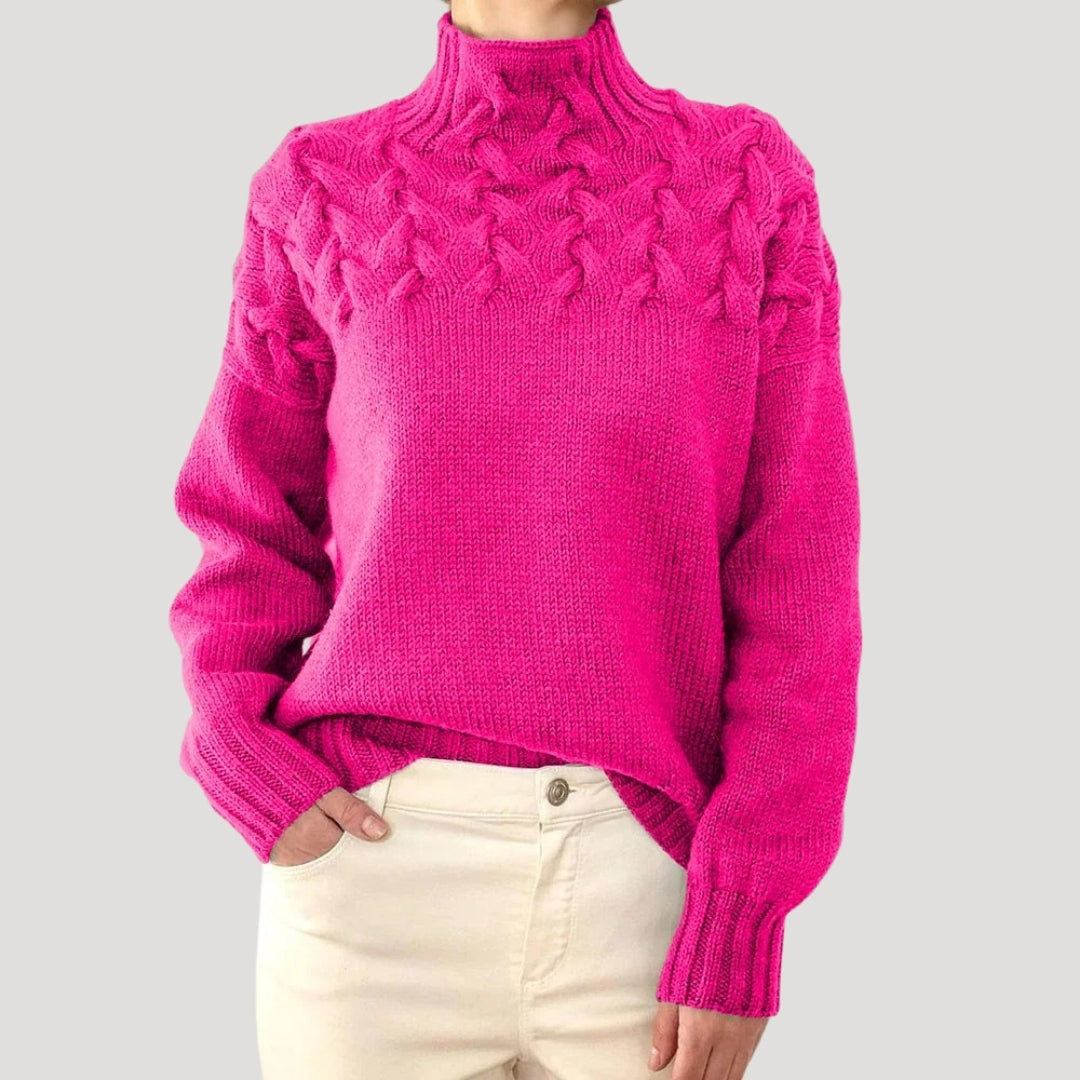 Michelle - Women's Spring Knit Sweater with Cable Knit and high Collar