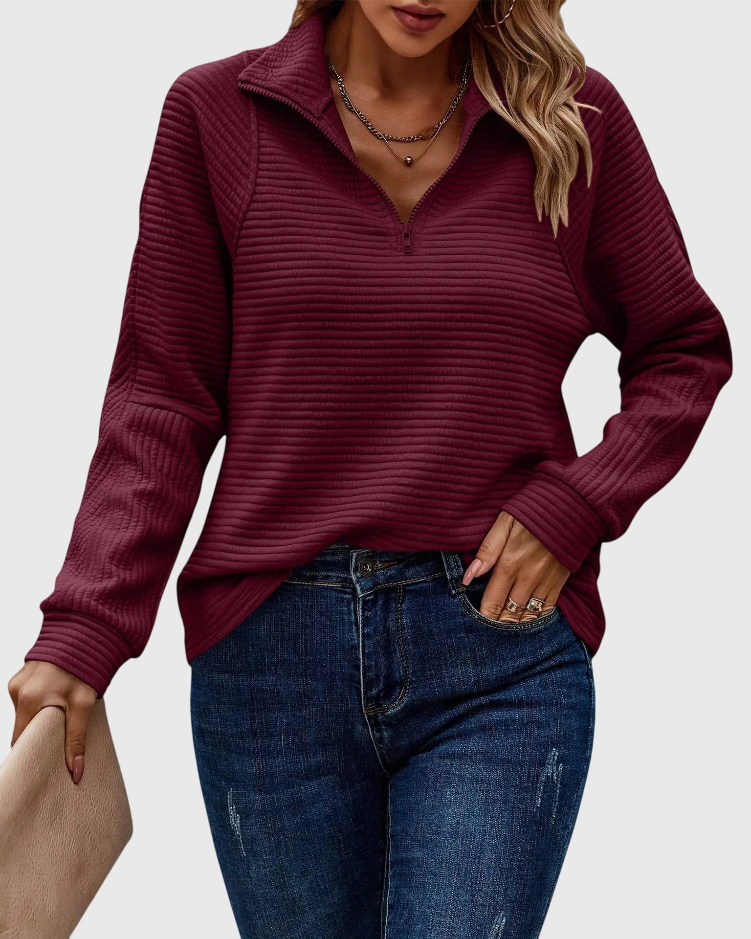 Ellie - Women's Casual Long Sleeve-Sweater with Zip