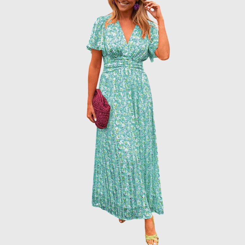 Donna - Women's Maxi Dress with Floral Print and Short Sleeves