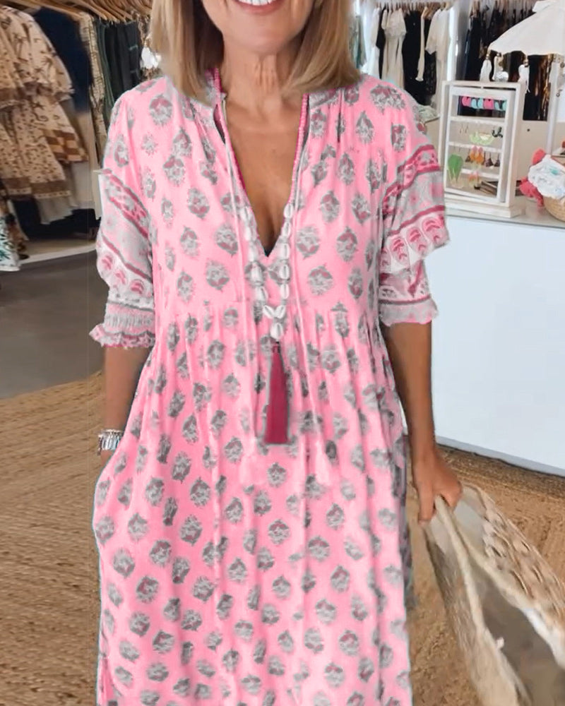 Ava - Women's Printed Midi-Dress with V-Neck