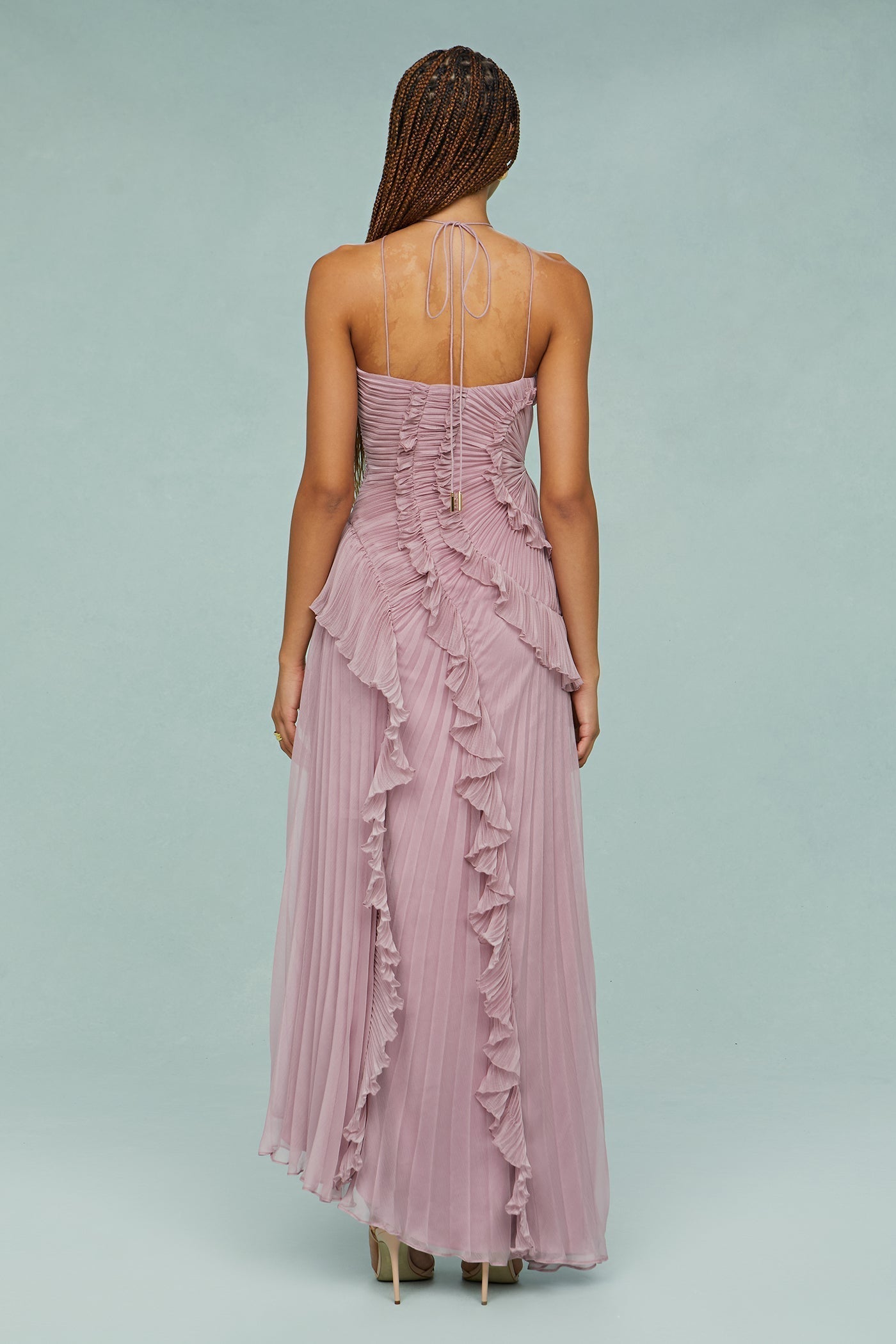 Harriet - Women's Gefaltetes Ruffle Halterneck Midi Dress