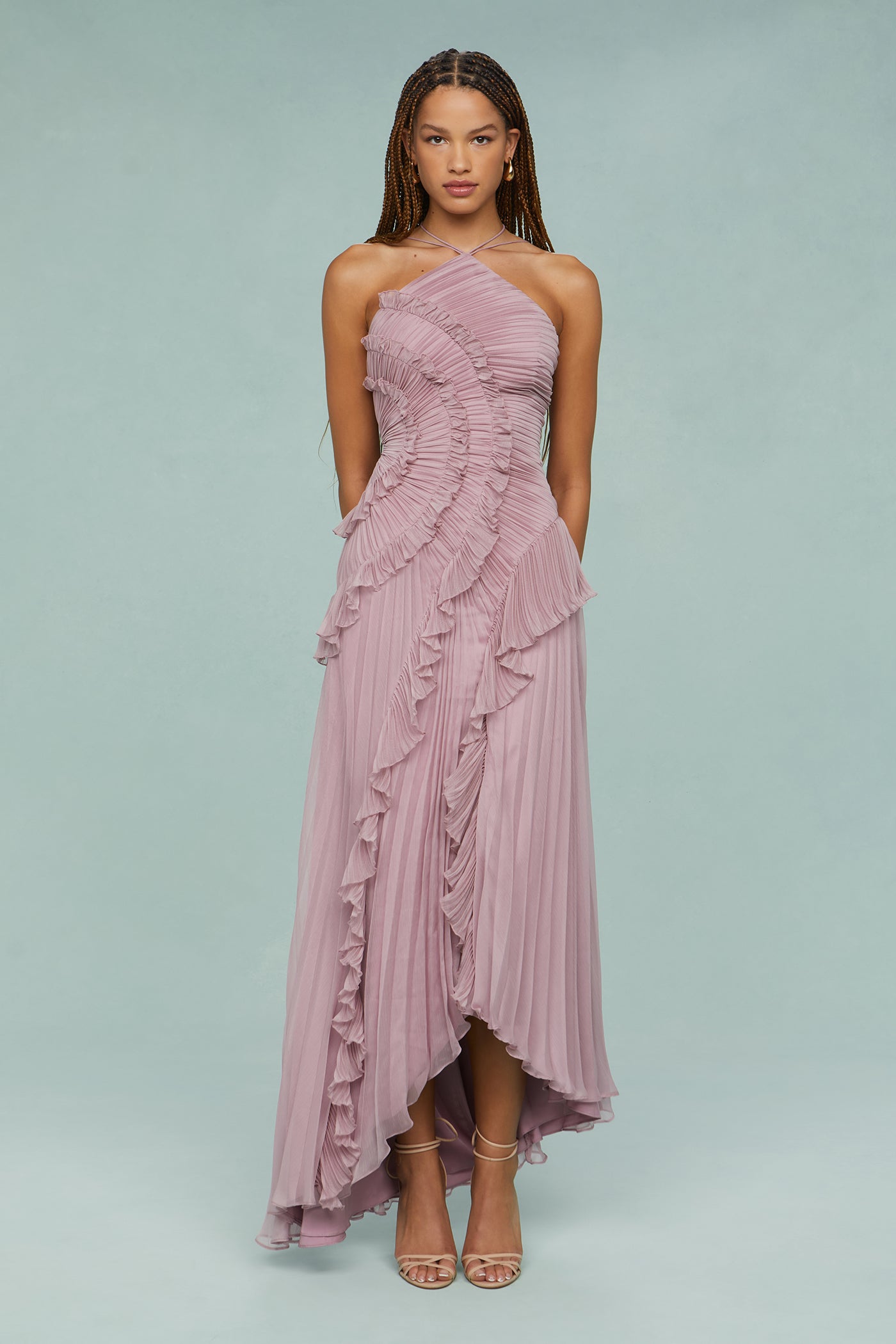 Harriet - Women's Gefaltetes Ruffle Halterneck Midi Dress