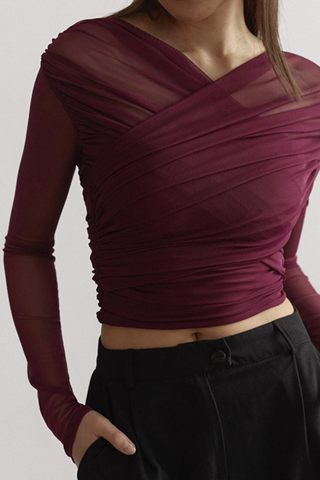 Yvonne - Women's Mesh-Top with Ruffle and langen Sleeves