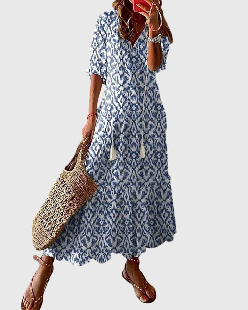 Alison - Women's Boho Maxi Dress with V-Neck