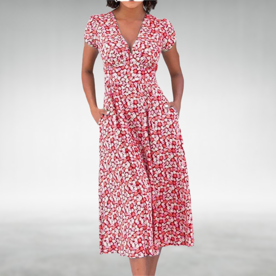 Joanna - Women's Floral V-Neck Midi Dress with Pockets