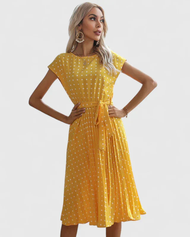 Edith - Women's Midi Dress with Short Sleeves and Pleated Skirt