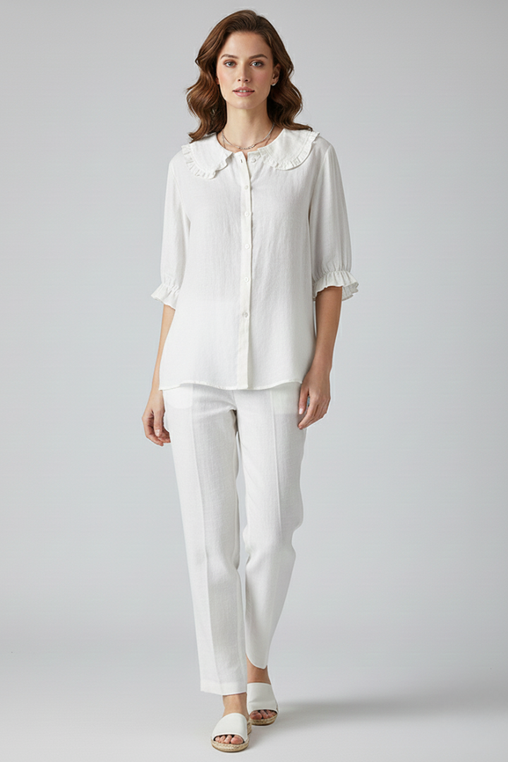 Pamela - Women's Shirt with Ruffle Collar and Buttons