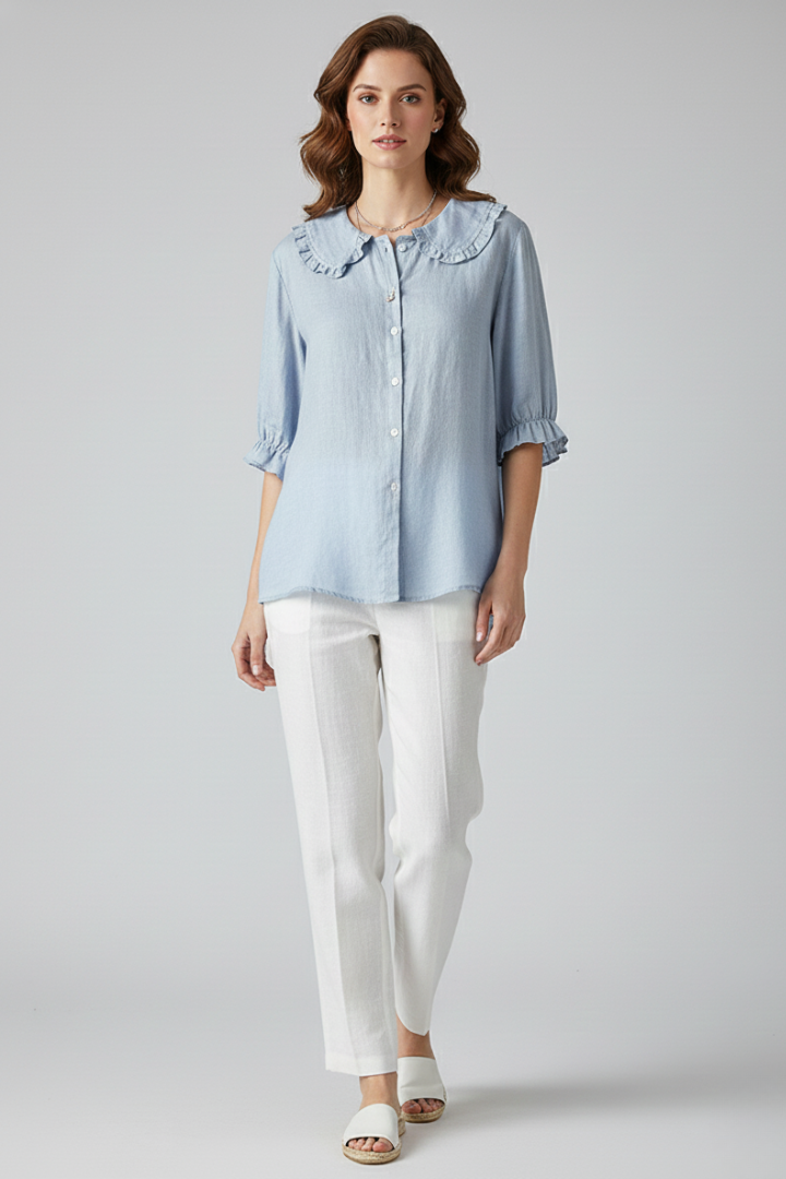 Pamela - Women's Shirt with Ruffle Collar and Buttons