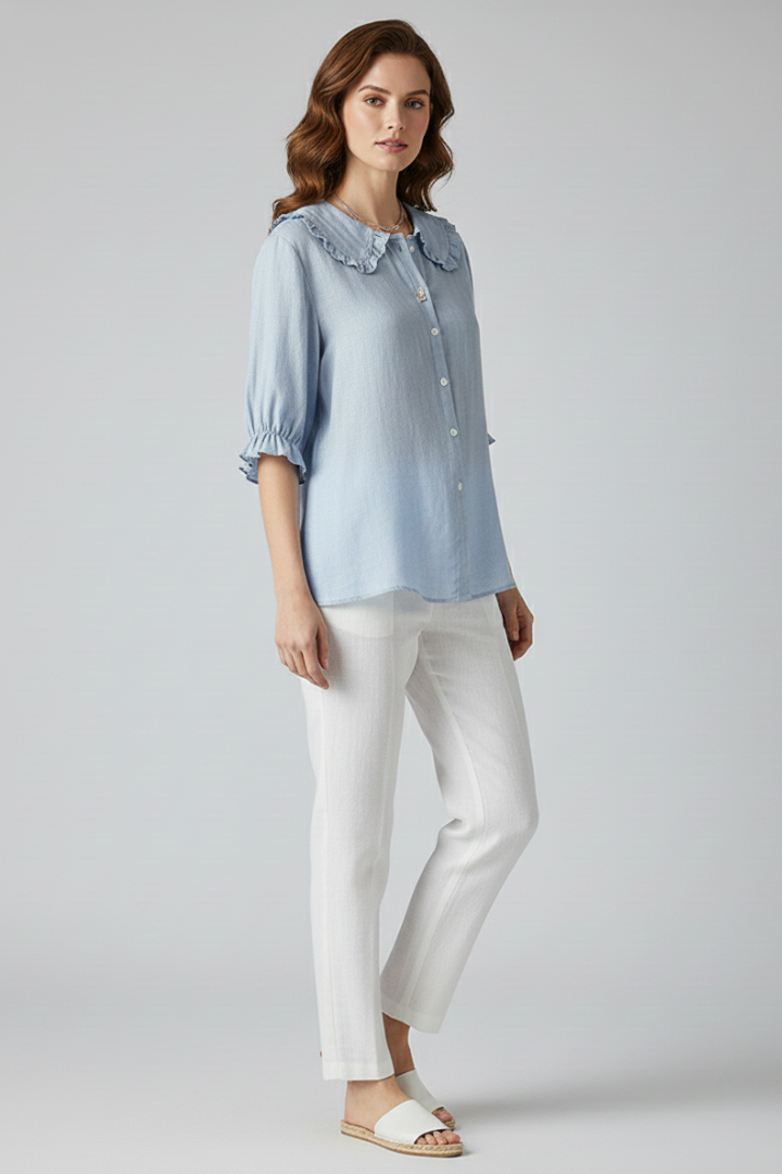 Pamela - Women's Shirt with Ruffle Collar and Buttons