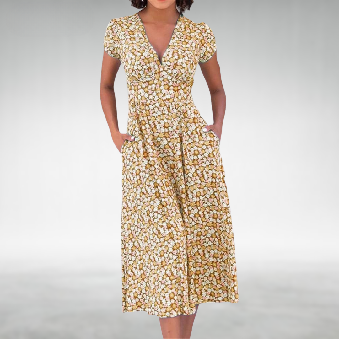 Joanna - Women's Floral V-Neck Midi Dress with Pockets