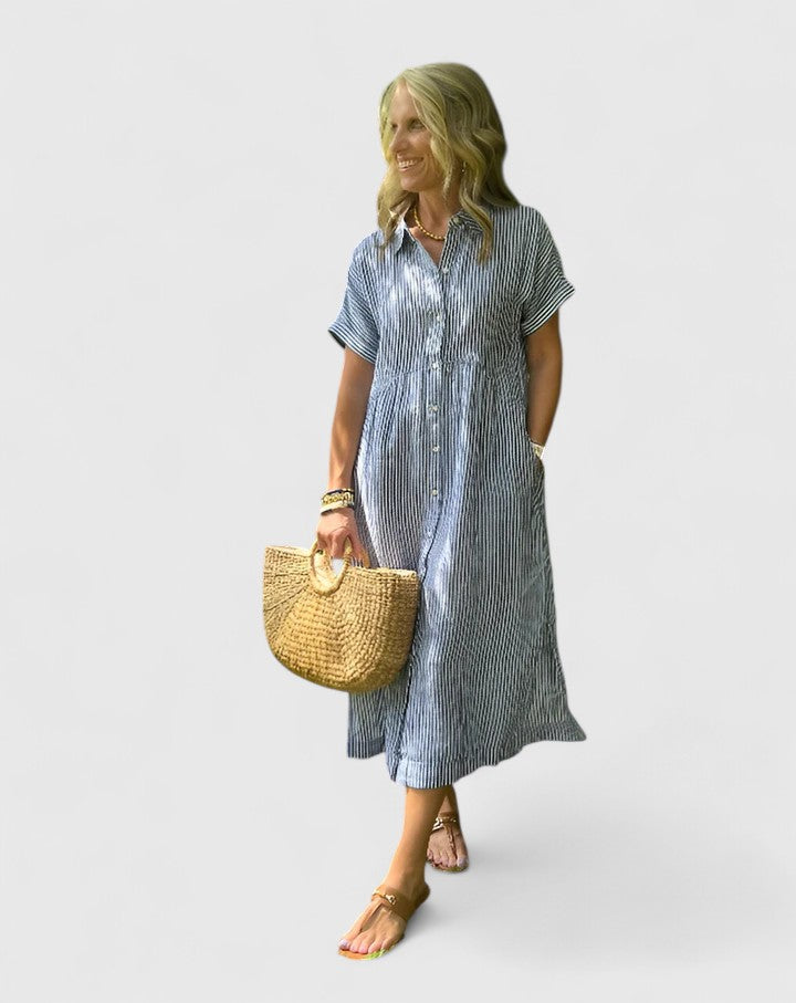 Christine - Women's Relaxed Striped Shirt-Midi Dress