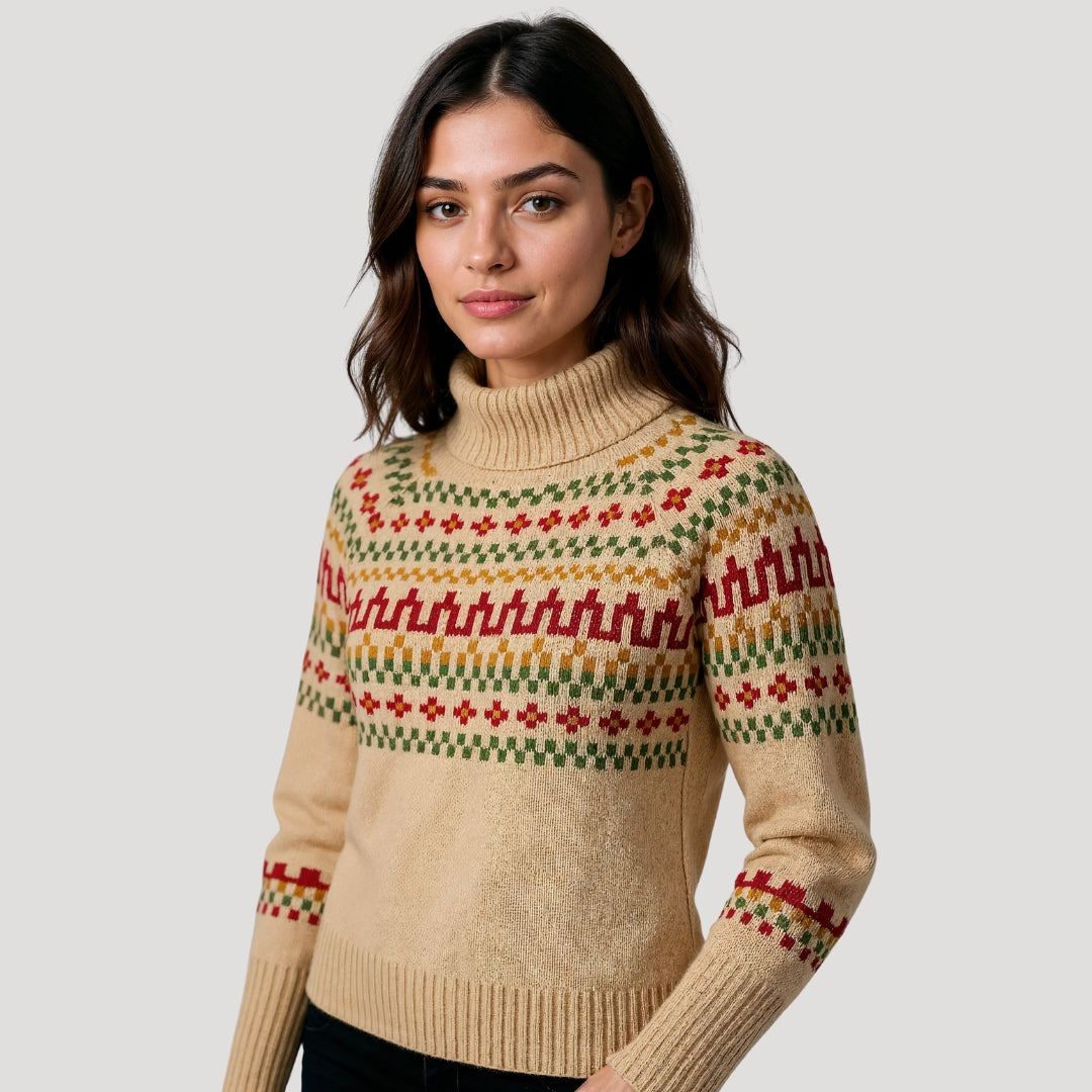 Evie - Women's Spring Patterned Turtleneck-Knit Sweater