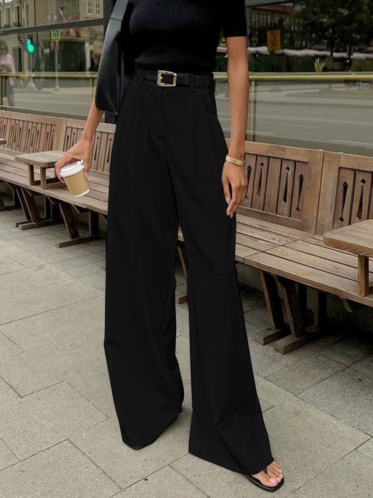 Laura - Women's Pleated Front Wide-Trousers with Belt