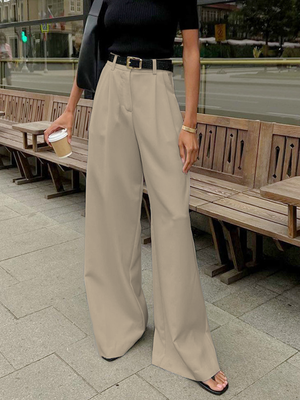 Laura - Women's Pleated Front Wide-Trousers with Belt