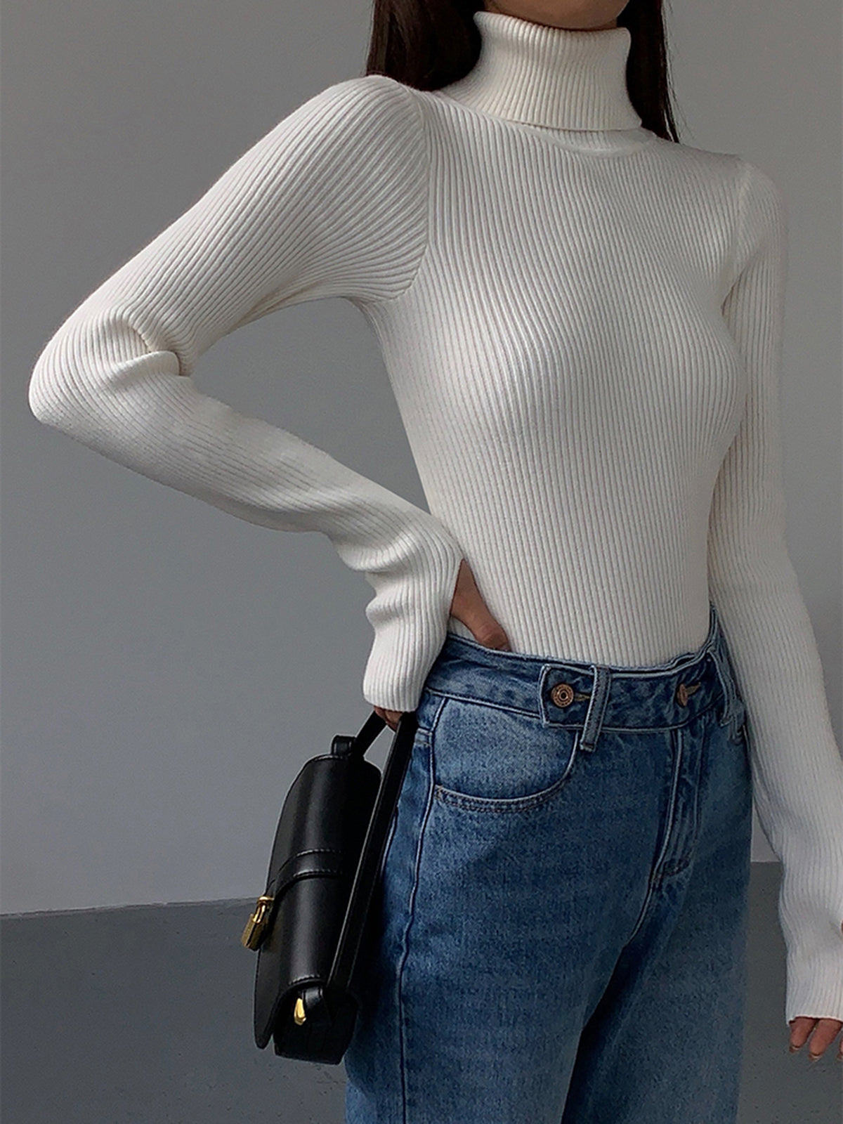 Lynne - Women's Minimalistisches Schlankes Turtleneck Top
