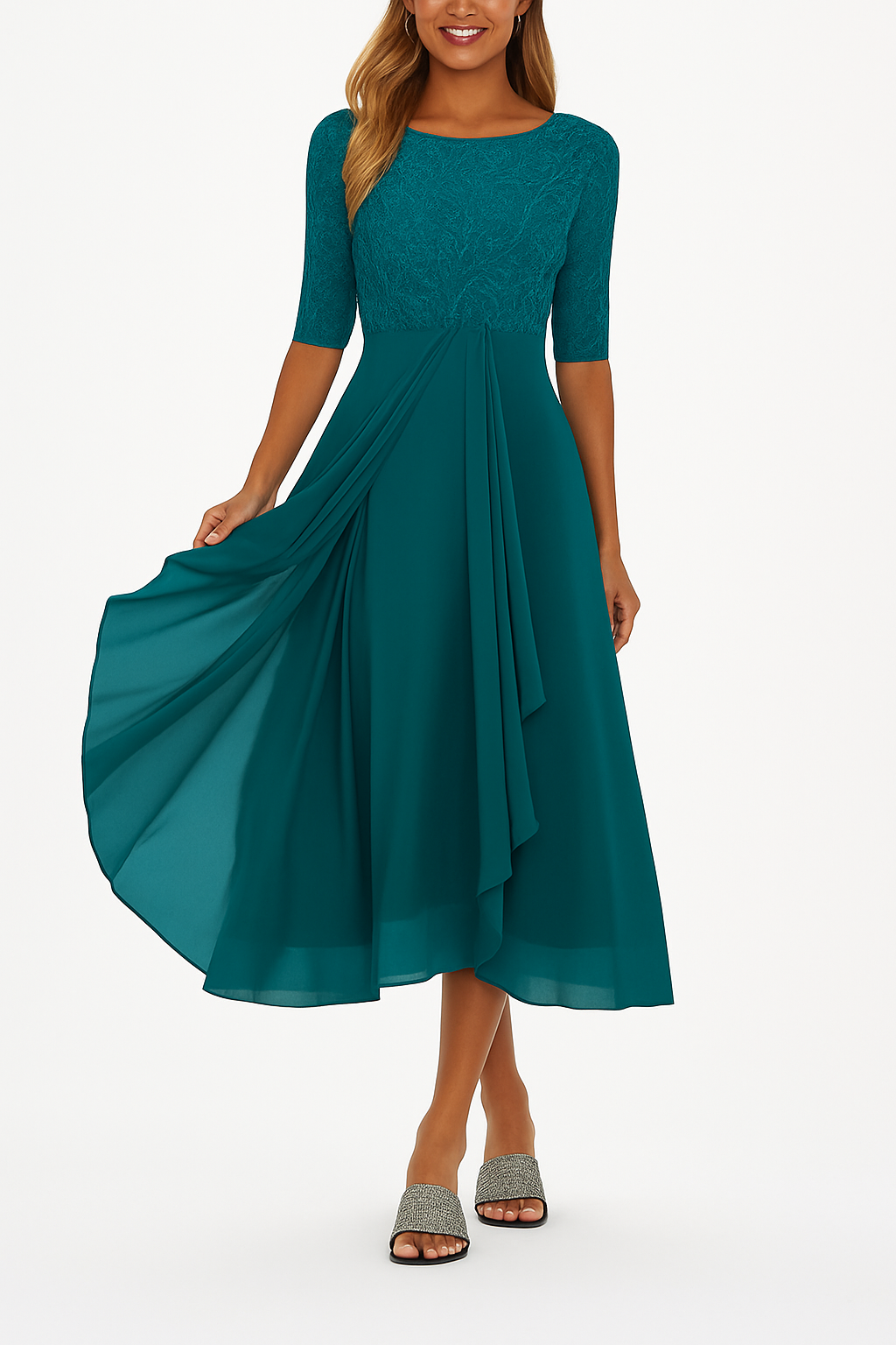 Tina - Women's A-Line Lace Midi Dress