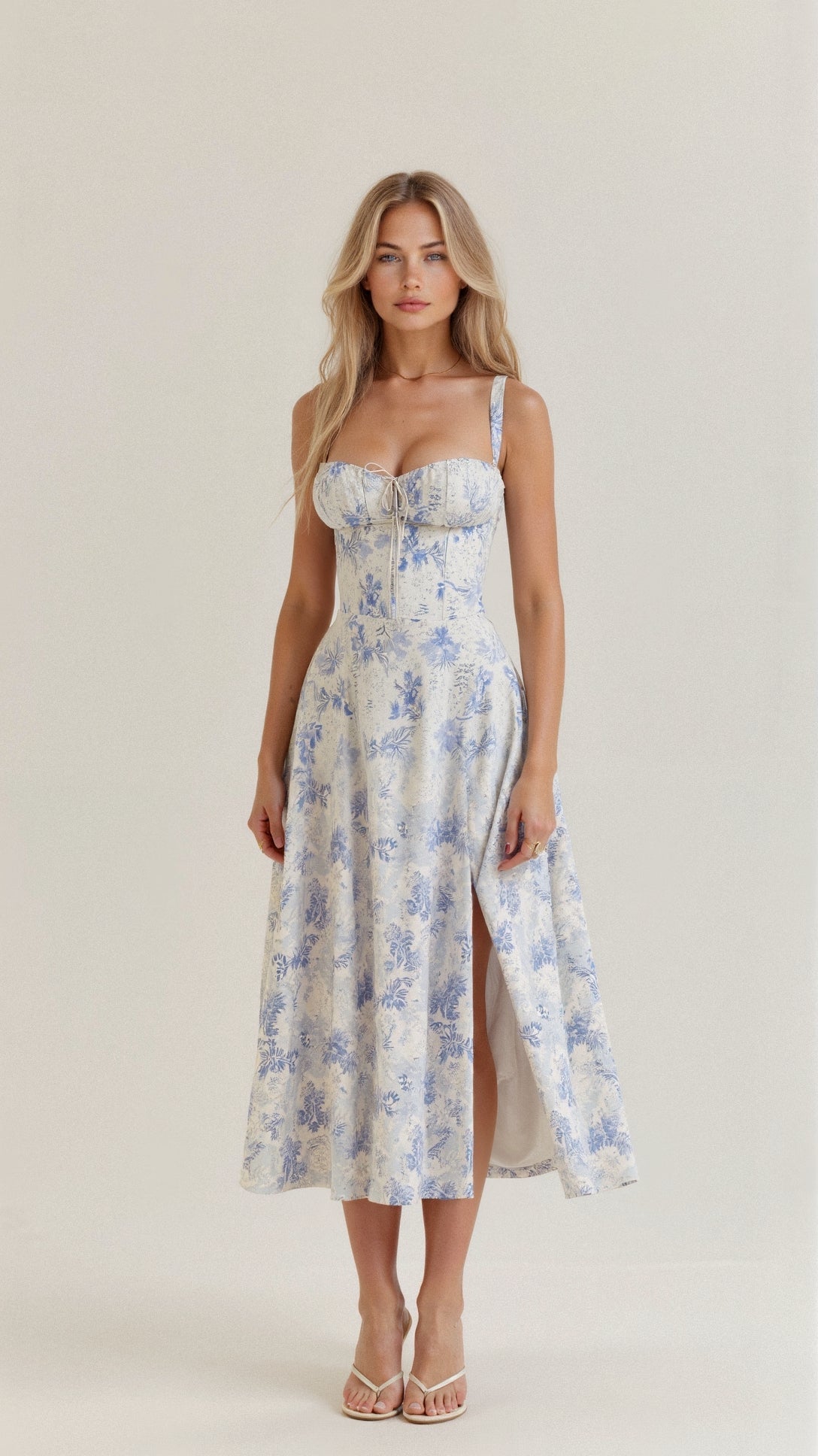 Sheila - Women's Corset-Midi Dress with flowing Skirt