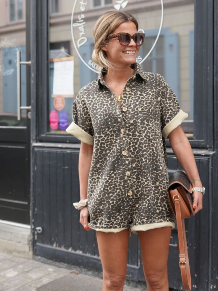 Amber - Women's Leopard Print Casual Shirt Romper