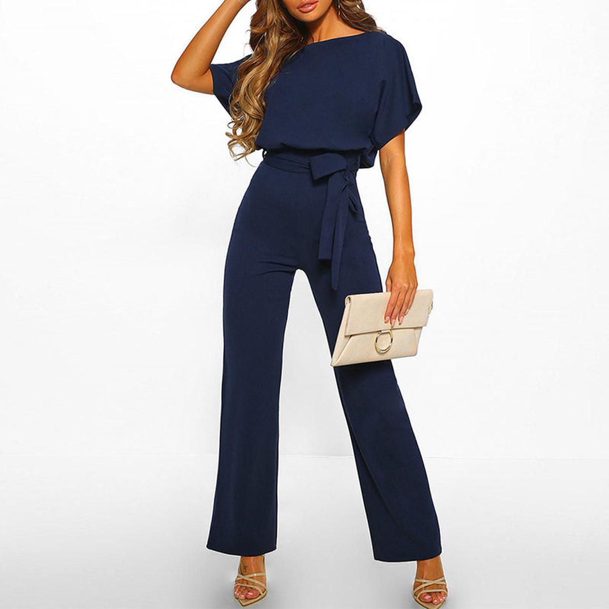 Doris - Women's Casual Short Sleeve-Jumpsuit with Belt