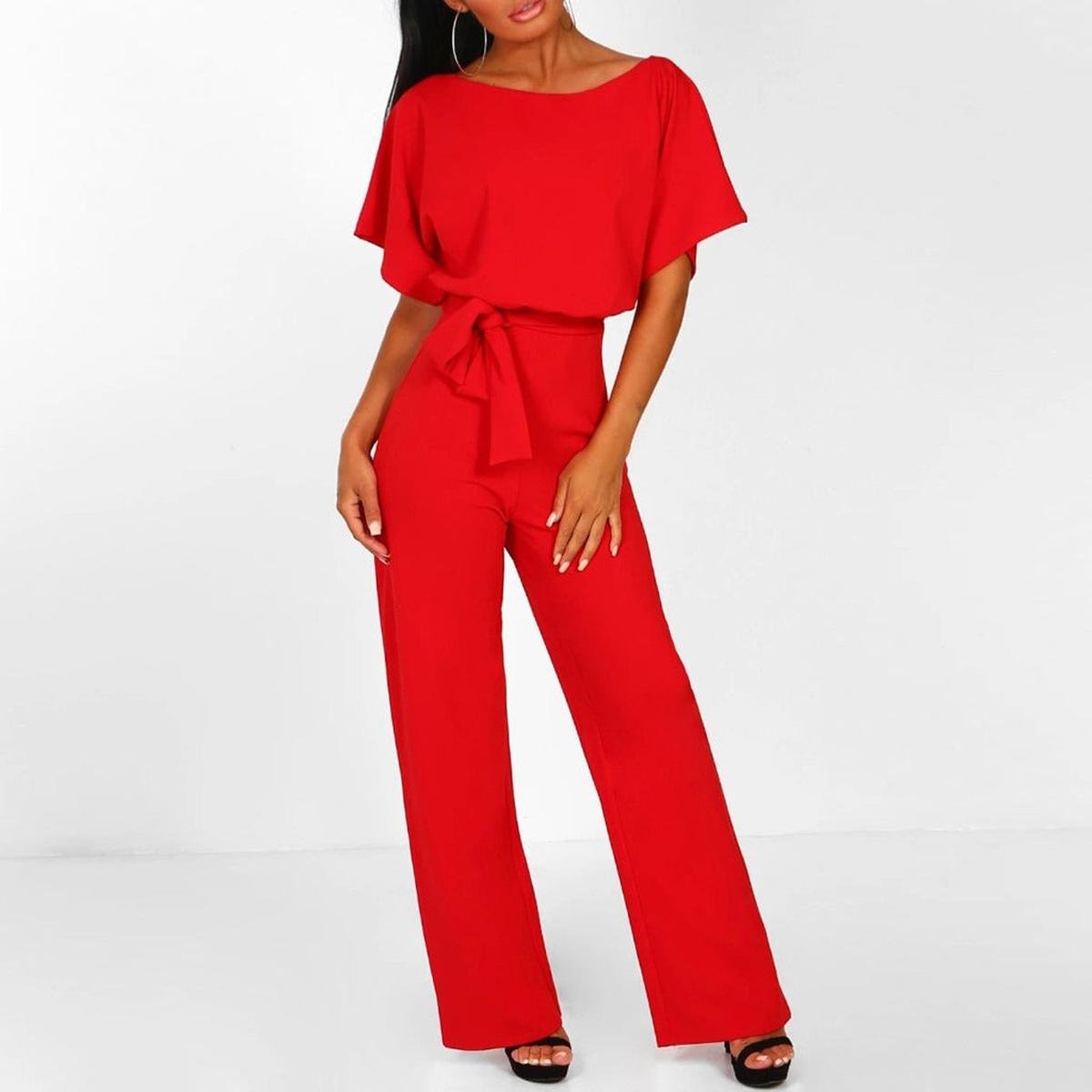 Doris - Women's Casual Short Sleeve-Jumpsuit with Belt