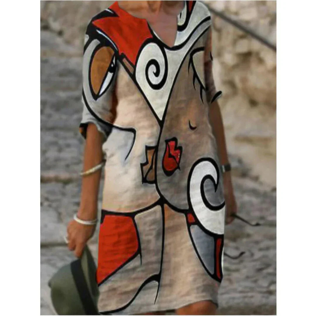 Mia - Women's Long Sleeve Abstraktes Pattern Shift Dress