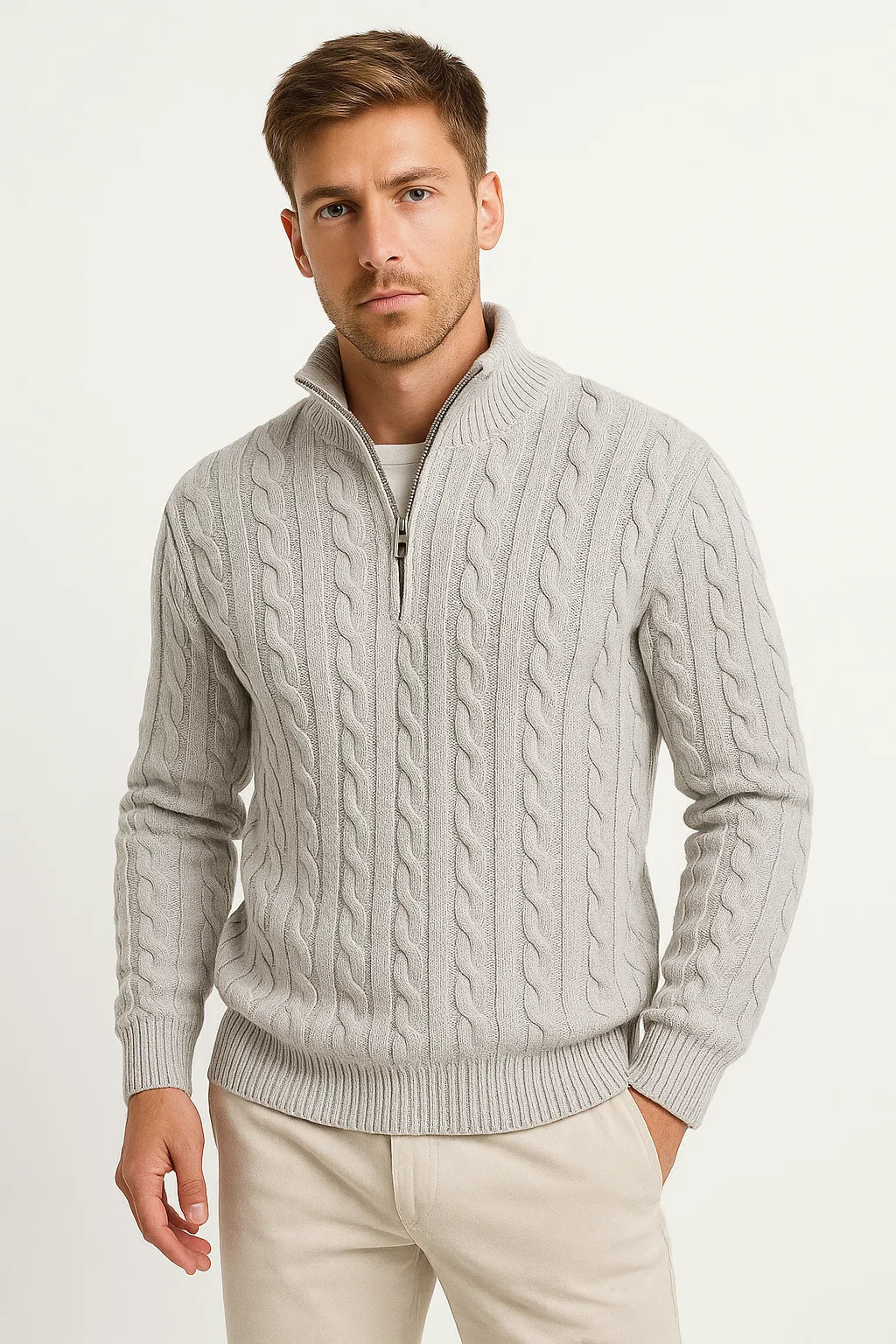 Rory - Men's Spring Knit Sweater with Cable Knit and Zip at Collar