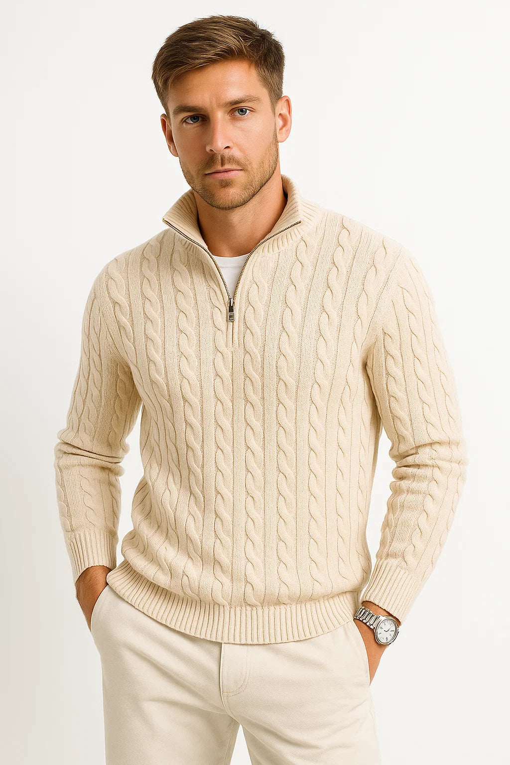 Rory - Men's Spring Knit Sweater with Cable Knit and Zip at Collar
