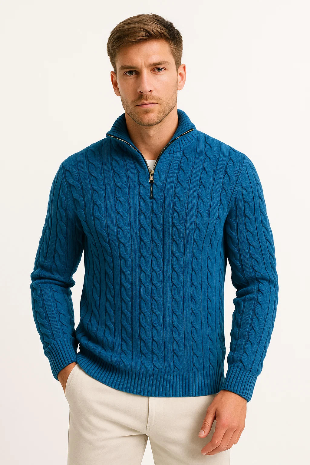 Rory - Men's Spring Knit Sweater with Cable Knit and Zip at Collar
