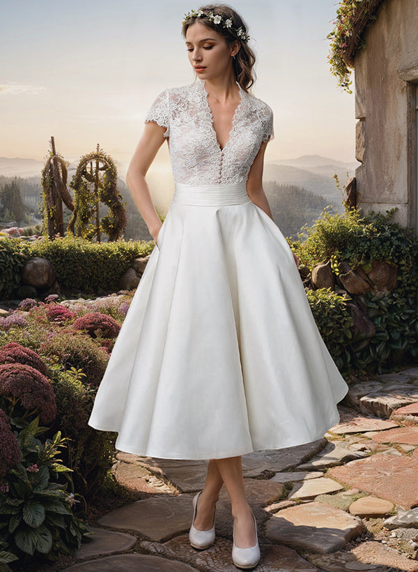 Emily - Women's Lace-Top V-Neck Midi Wedding Dress