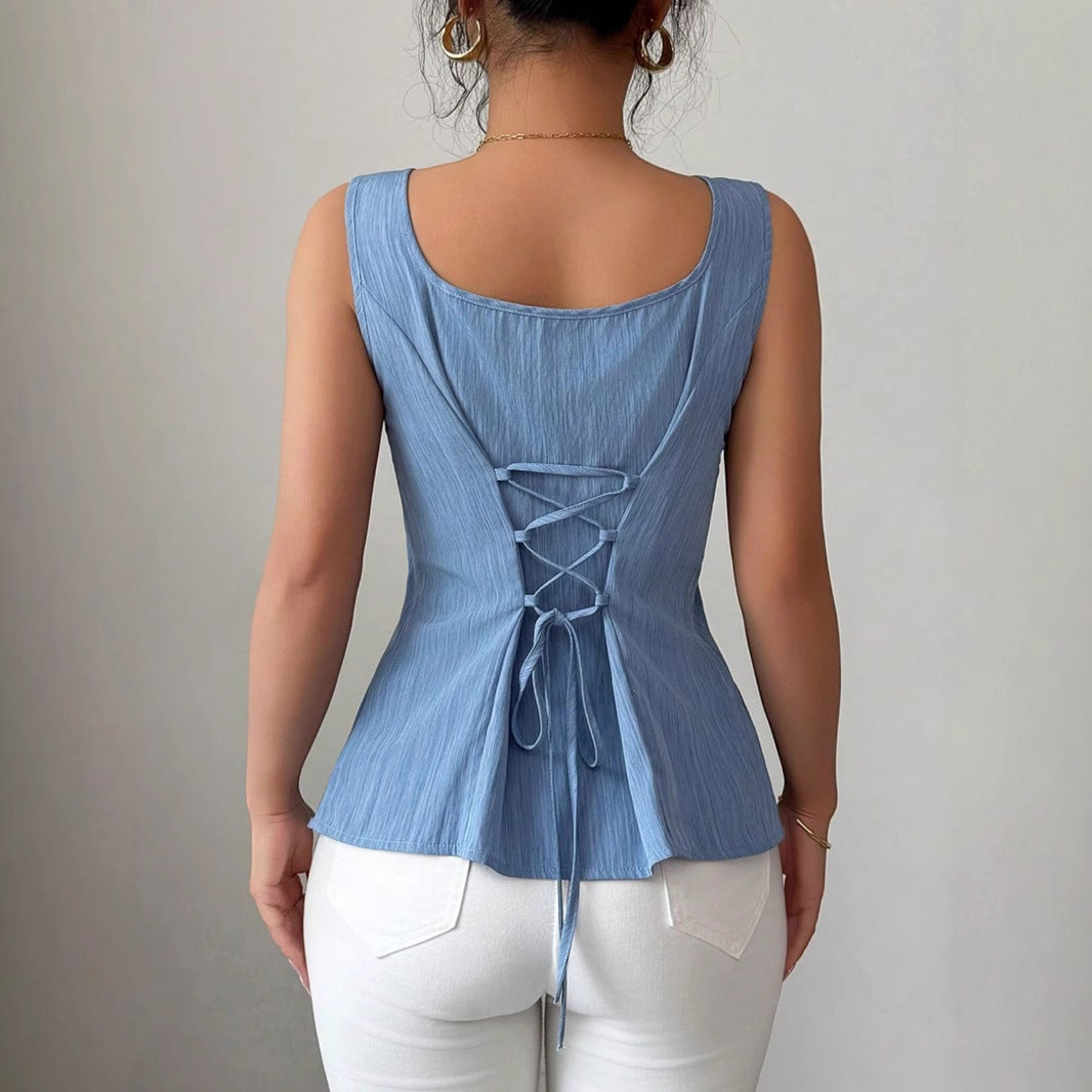 Victoria - Women's Sleeveless Flared Top with Eckigem Neckline