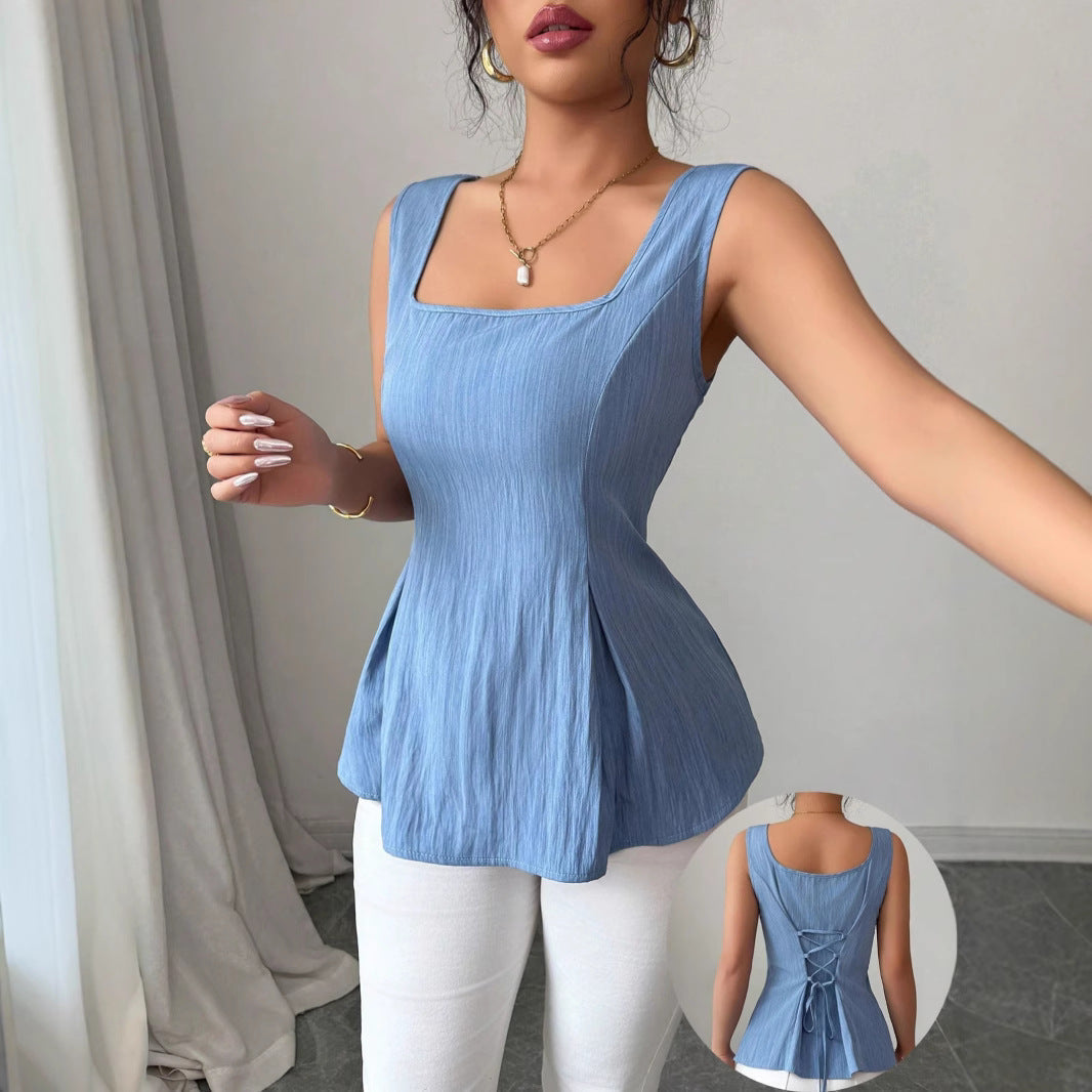 Victoria - Women's Sleeveless Flared Top with Eckigem Neckline