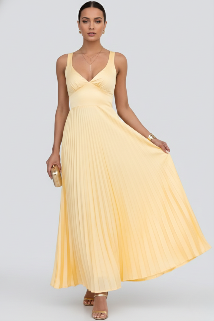 Nicola - Women's V-Neck Maxi Dress with pleated Skirt