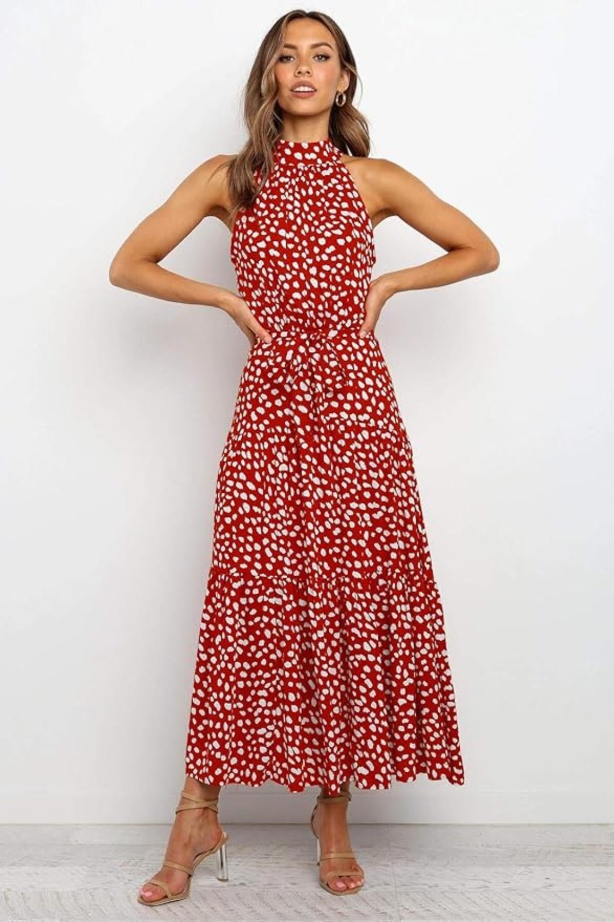 Helen - Women's Maxi Dress with Druckmuster, Halterneck and Taillenschleife