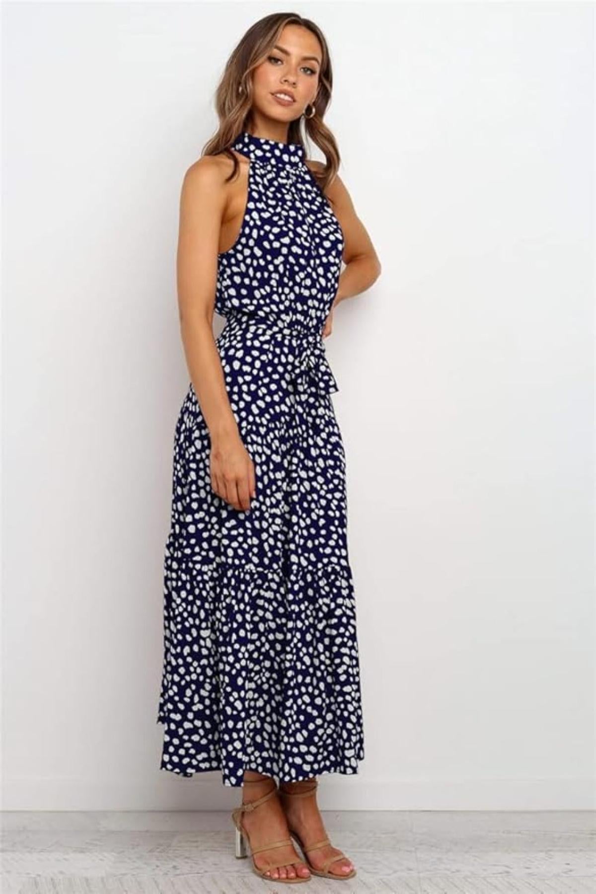 Helen - Women's Maxi Dress with Druckmuster, Halterneck and Taillenschleife
