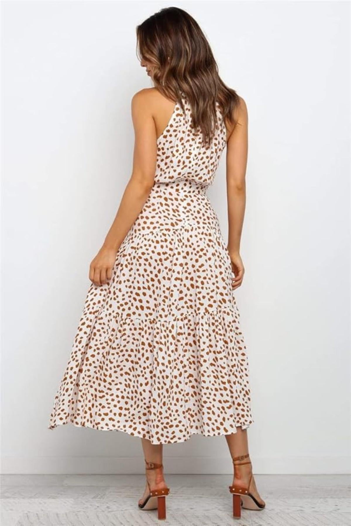 Helen - Women's Maxi Dress with Druckmuster, Halterneck and Taillenschleife