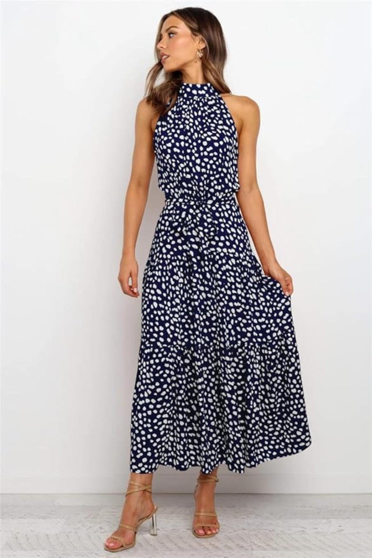 Helen - Women's Maxi Dress with Druckmuster, Halterneck and Taillenschleife