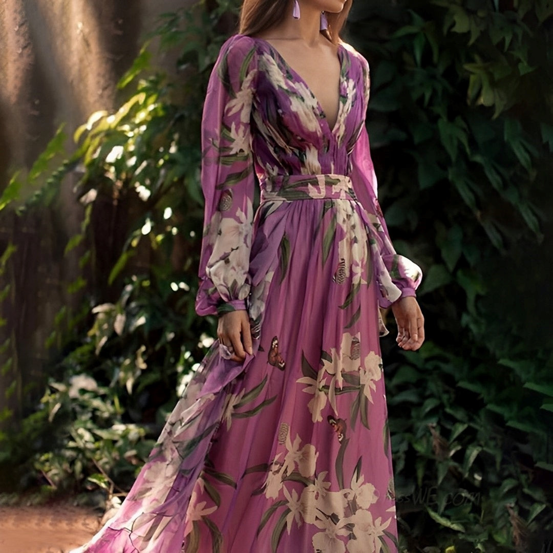 Natalie - Women's Comfortable Floral V-Neck Maxi Dress