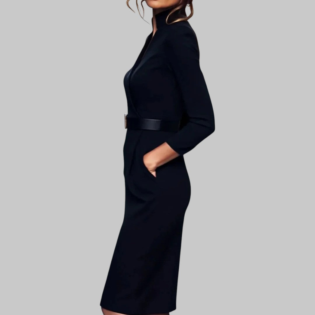 Rachel - Women's Midi-Dress with langen Sleeves and Waist Belt