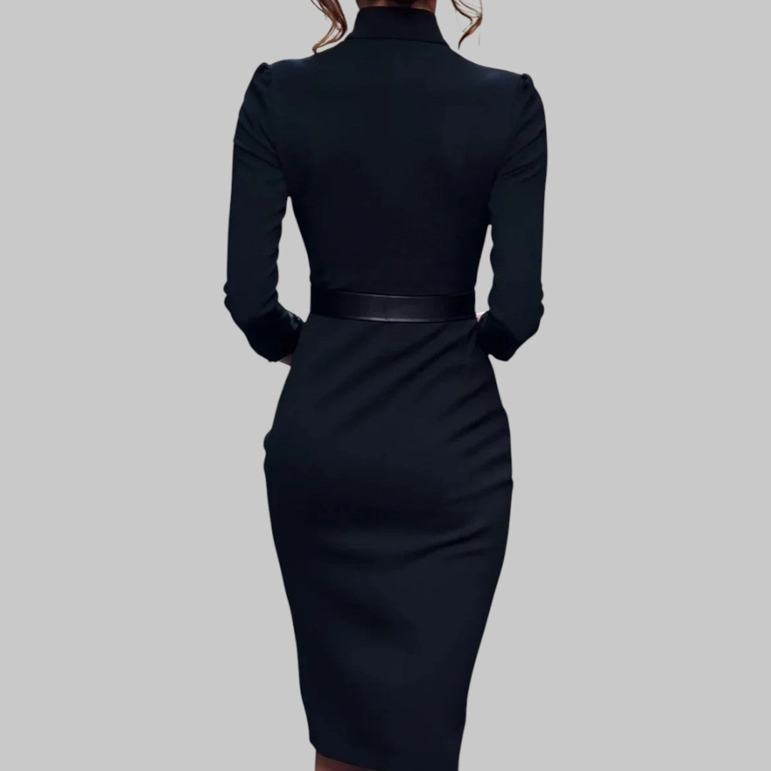 Rachel - Women's Midi-Dress with langen Sleeves and Waist Belt