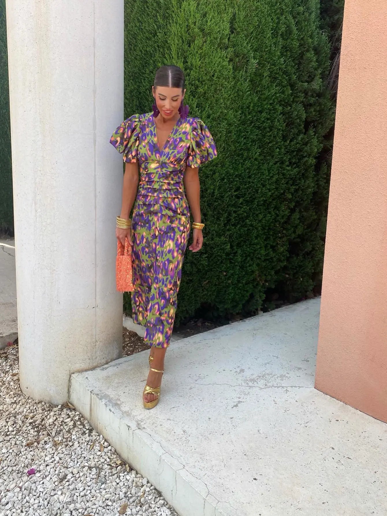 Karen - Women's Summer Printed Midi Dress with Puff Sleeves